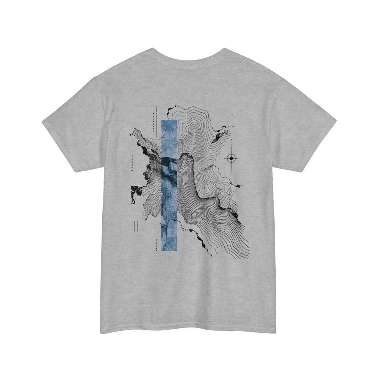 Graues Glacier Blue T-Shirt mit topografischem Rückenmotiv und blauem Schnitt