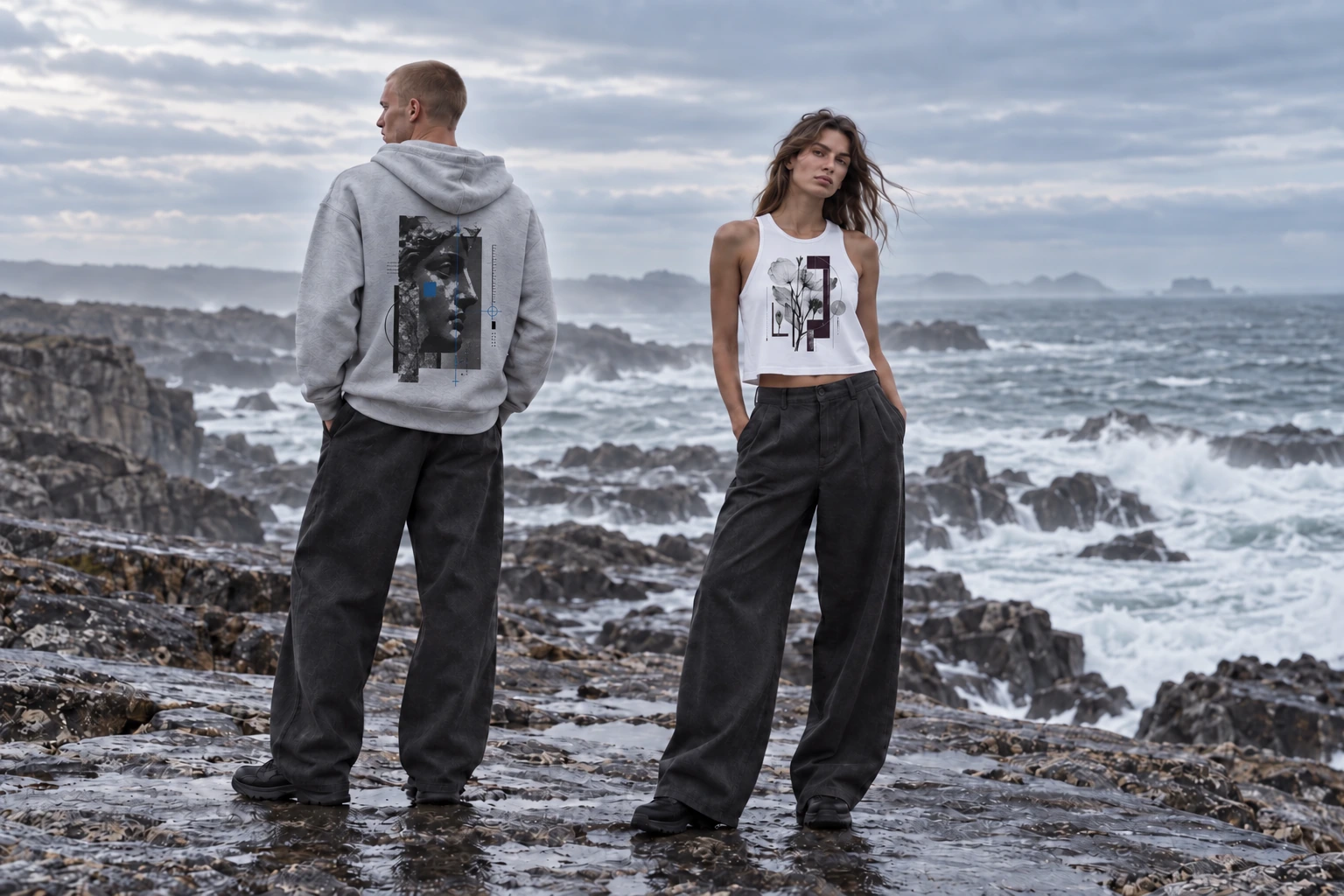 Frau im weißen Botanisches-Archiv-Crop-Top und Mann im grauen Hoodie mit Fragmentiertem Profil an der Felsküste